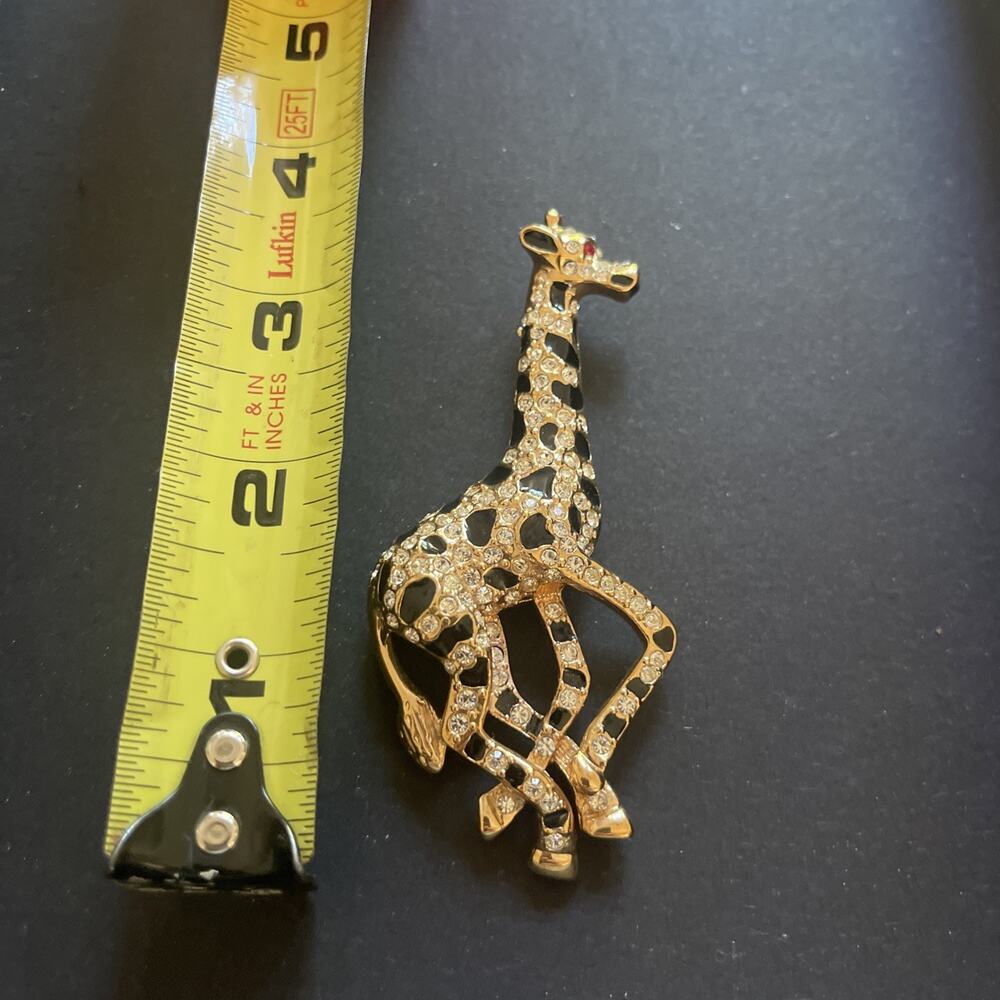 Vintage Safari Rhinestone Gold Tone Black Enamel Giraffe Brooch 3"